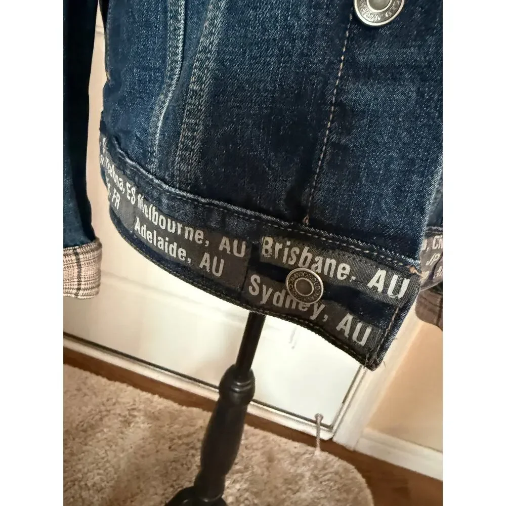 Old Navy Upcycled Denim Jacket W/The Police Graphic & Flannel Accents Size L